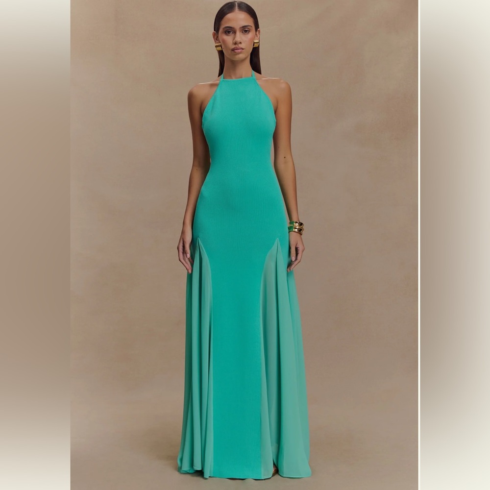 Meshki Soleil Knit And Mesh Halter Maxi Dress - Lagoon